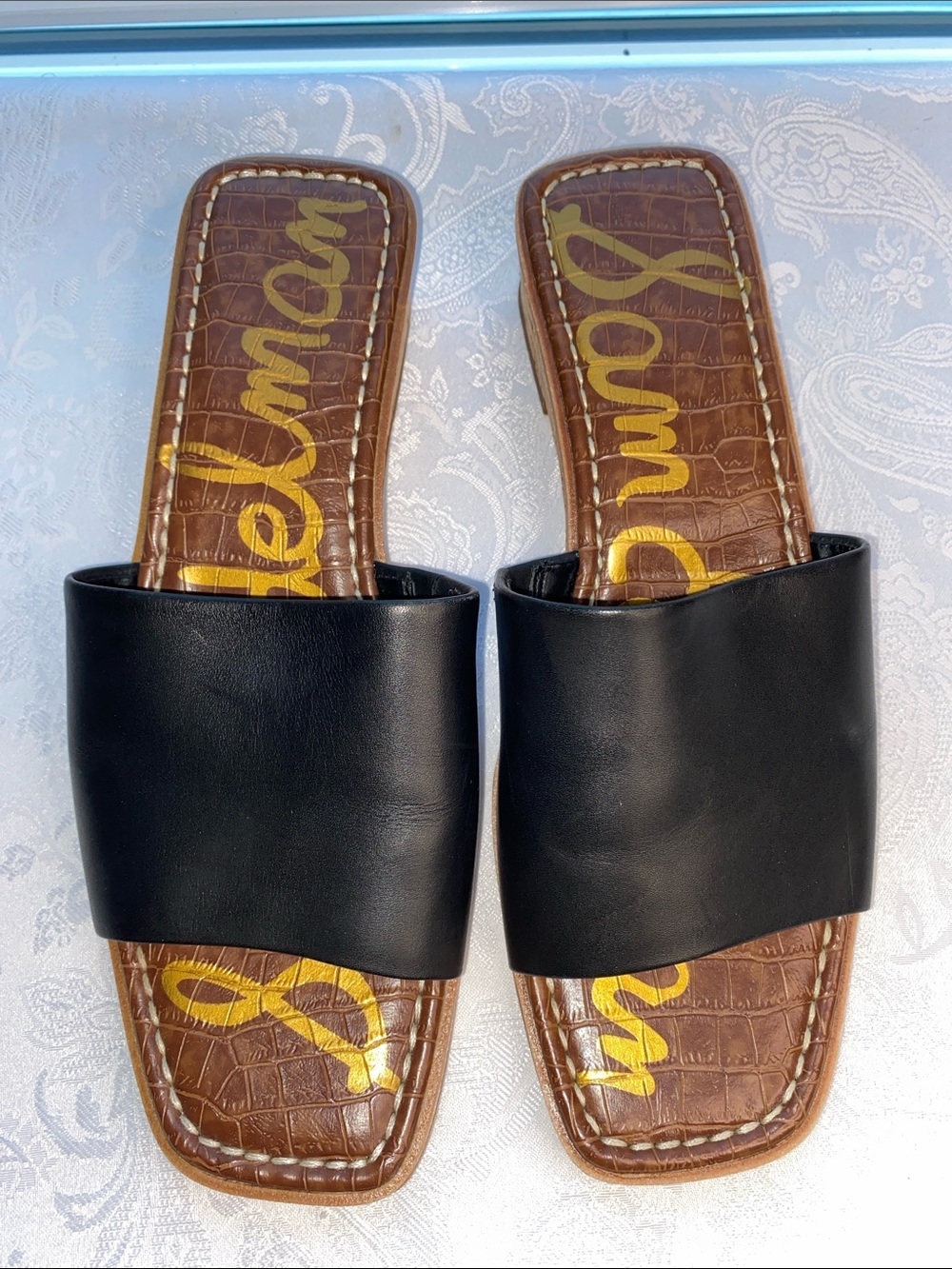 Preowned EUC Sam Edelman Valery Black Leather Slide Wedge Sandals Size 10